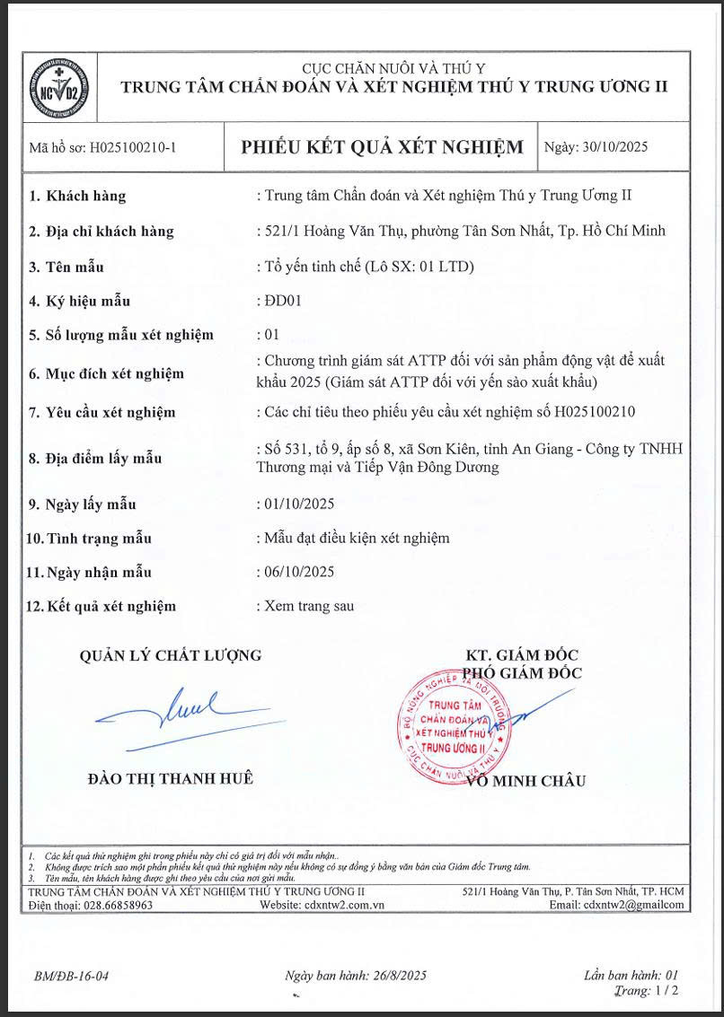 Phiếu kết quả thử nghiệm